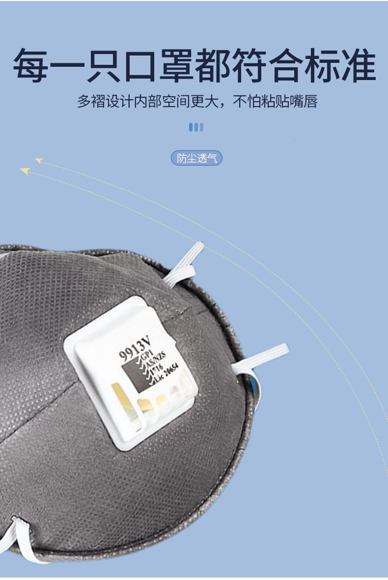3M 9913V 防颗粒物口罩 （头带式、活性炭、减除有机蒸气异味、中国KN90认证、澳大利亚、新西兰标准AS/NZS1716:2012 GP1认证）
